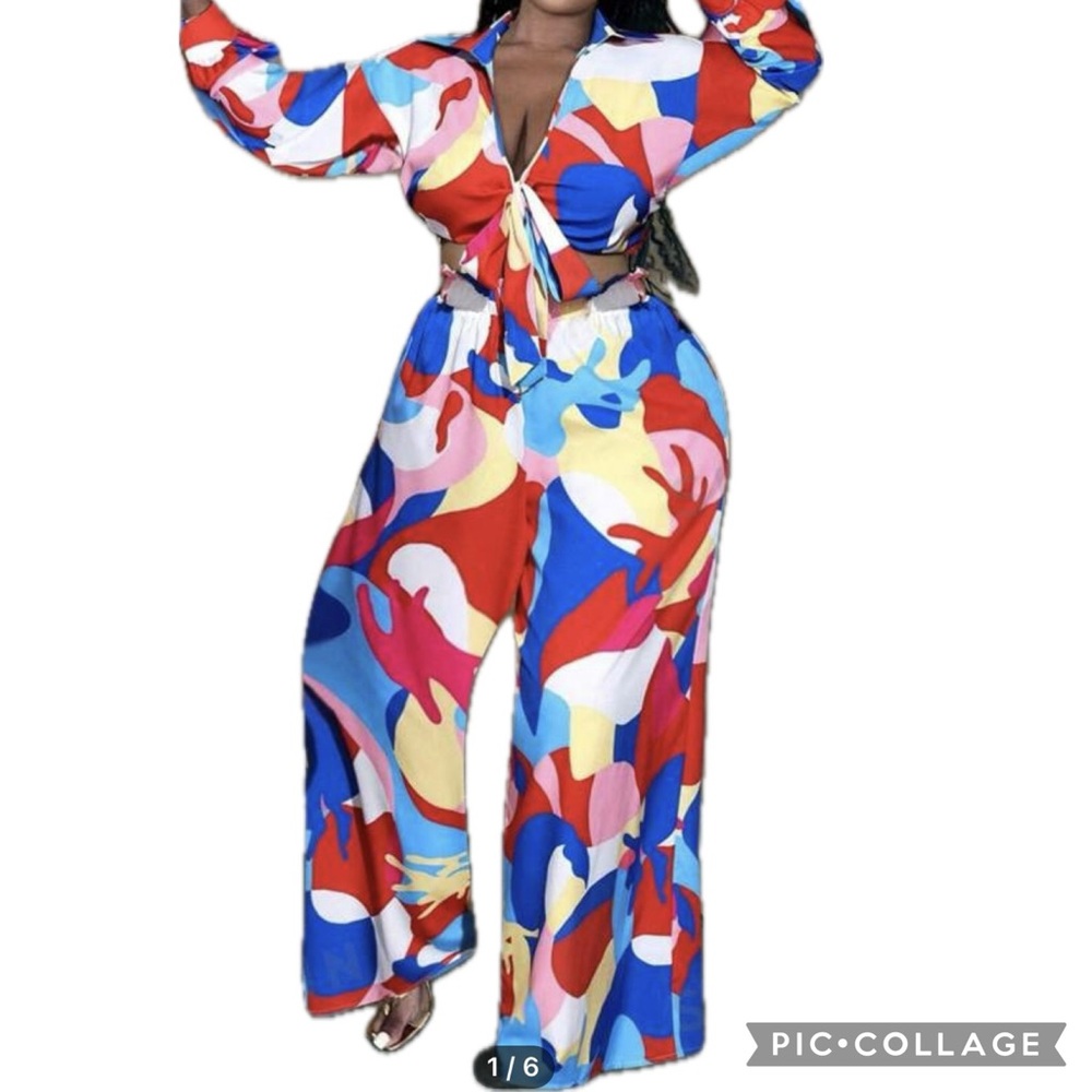 Colorful Ribbon Long Sleeve Shirt And Wide Leg Pants Two-Piece Set